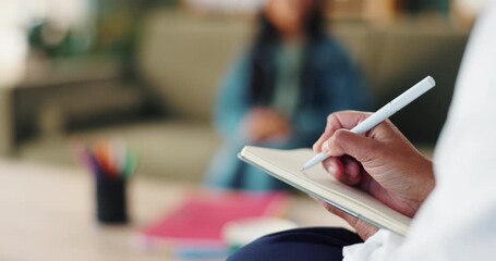 Canvas Print - Hands, writing and notebook in office for healthcare, wellness and therapy session with patient. Psychologist, child and examination as doctor in hospital, consultation or clinic for mental health