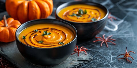 Poster - Two bowls of pumpkin soup with a spooky spider decoration on the table