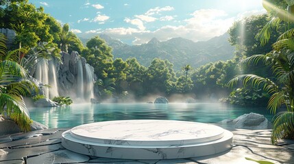 Wall Mural - A marble podium in the center of an exotic jungle, surrounded by lush greenery and a tranquil lake under a clear blue sky. Generative AI.