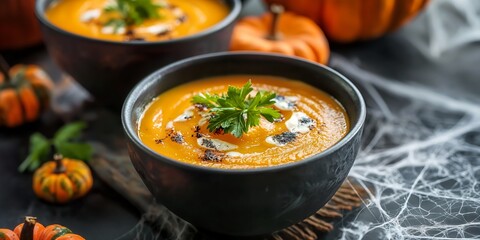 Poster - A bowl of soup with a sprig of parsley on top. There are also two pumpkins on the table