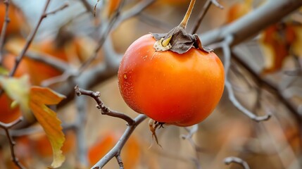 Diospyros kaki or persimmon tree detail of a brunch bearing one ripe and waxy fruit delicious tropical produce consumed either fresh dried or cooked in preserves with a sweet slightly  : Generative AI