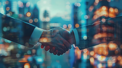 Wall Mural - successful business agreement contract dealing businessman handshake close up hand palm with blur city building and office working space background