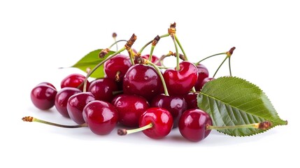 Wall Mural - Cherry isolated Fresh ripe cherries with leaves isolated on a white backgroundSweet cherries pile Berries and fruits Vegan Healthy eating : Generative AI