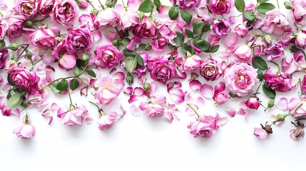 bed of roses large bunch of colorful pink flowers buds petals and leaves loosely spread on a surface isolated over a white background love Valentines or botanical design element : Generative AI