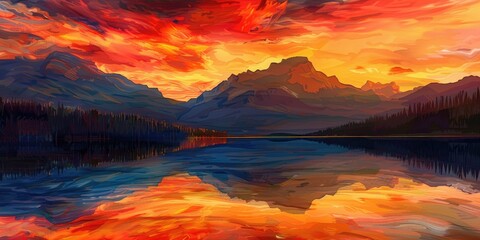 Canvas Print - Sunset mountain landscape with serene lake vibrant orange and red sky and crystal clear water mirroring the mountain s outline