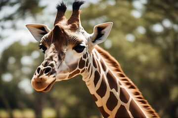 Wall Mural - giraffe closeup africa african animal background big brown bush camelopardalis camouflage cute ear environment eye face grass head herbivore high horn horned isolated long mammal mouth nature neck