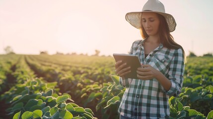 Poster - Smart farming soybean technology Female farmer with digital tablet examines and checkins roots of soya plants in field Agronomist controls the growth and development of sprouts before  : Generative AI