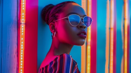 vibrant street style portrait of woman wearing uniquely top and trendy eyeglasses with vividly color