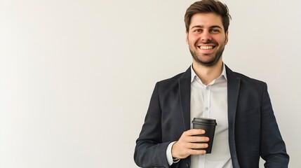 Wall Mural - Smiling businessman having coffee against white background : Generative AI