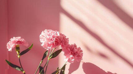 Wall Mural - Pink carnation flowers bouquet over pink wall with aesthetic sunlight shadow silhouette : Generative AI