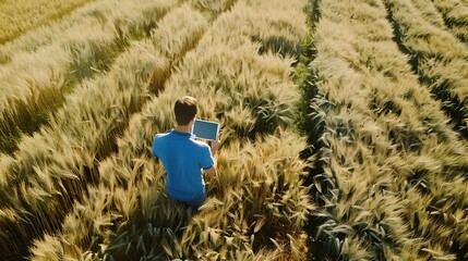 Poster - Farmer using tablet in wheat field View from above of a farmer in blue shirt using a tablet in a young wheat fieldHigh quality photo : Generative AI
