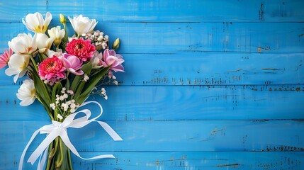 Wall Mural - Beautiful spring flowers bouquet tied with white ribbon bow on blue wooden background : Generative AI