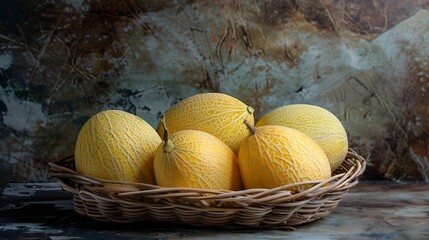 Sweet melons fruit Natural organic 3 honeydew melon in a fruit basket : Generative AI