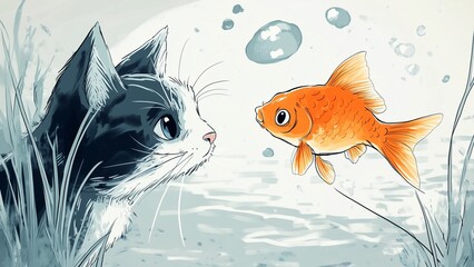 cat and fish, cartoon anime, goldfish's expression and heart are thrilled after meeting the cat. Evaluating the situation and how to escape, shocked ,confused and stunned,