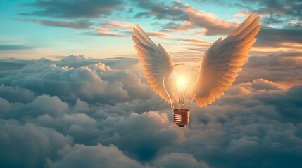 Canvas Print - Winged Light Bulb Soaring Above Cloudy Sky Symbolizing the Freedom and Potential of Creative Ideas