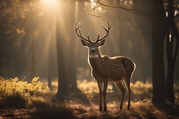 Wall Mural - sun rays deer bathed cervidanimalstagsunlightnaturewildlife cervid animal stag sunlight nature