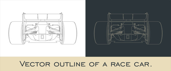 Outline of a Formula 1 race car from rear angles. F1 Vector blueprint isolated on a transparent background