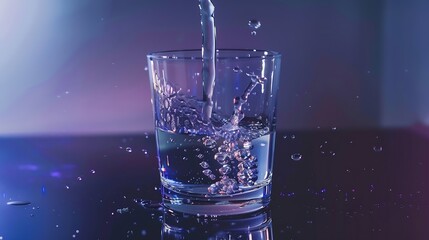 Poster - pouring drinking water in a transparent glass isolated on abstract background with glass table water resource concept with copy space : Generative AI