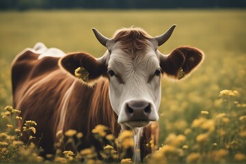 Wall Mural - field cow standing close brown cattle farming green herd farm animal milk agriculture beef blue country countryside day environment farmland grass grazing landscape looking mammal meadow nature