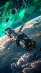 Wall Mural - Celestial Space Station Aurora, 4K hyperrealistic photo