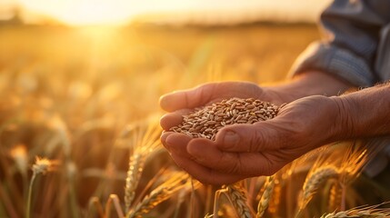 Close up of senior farmers hands holding and examining grains of wheat of wheat against a background of ears in the sunset light : Generative AI