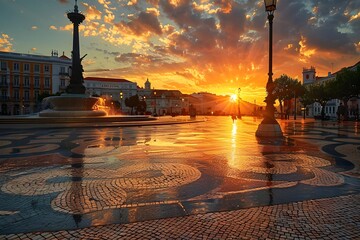 Wall Mural - Stunning Sunset Over a Historic Plaza with Reflective Cobblestones