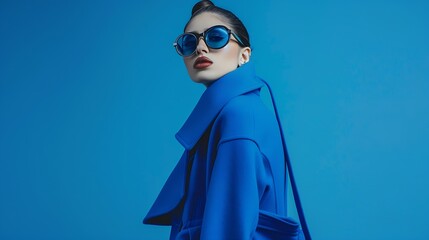 Wall Mural - fashion portrait of young elegant woman in blue coat Total blue monochromatic fashion look blue tights blue background trendy eyewear : Generative AI