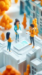 Poster - 3D Render of People Meeting and Discussing Papers in a Cityscape.
