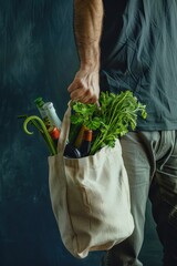 Sticker - A person carrying a bag filled with fresh vegetables, possibly for grocery shopping or cooking