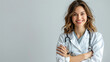 © PIX OF WORLD AI - A smiling female doctor wearing a white coat and stethoscope, standing with arms crossed against a light gray background.