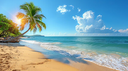 Sticker - A beautiful beach with a palm tree in the foreground