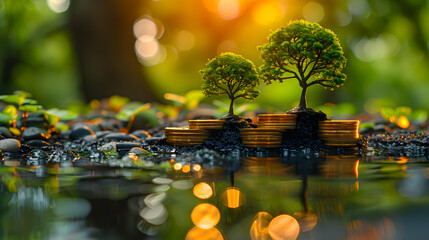 Two small trees growing on stacks of coins symbolizing financial growth and investment prosperity amidst a lush, natural background at sunrise.