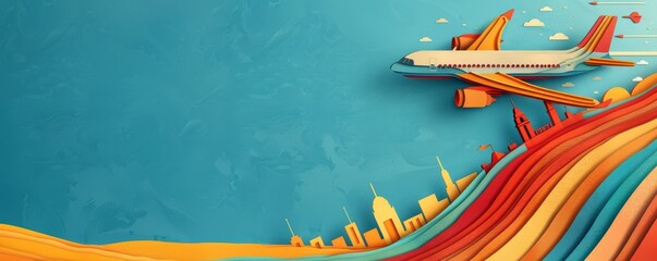 Paper cut plane flying over colorful cityscape with creative sky background