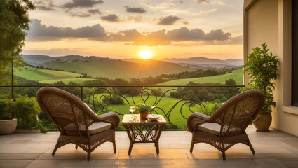 A patio with two wicker chairs and a table overlooking a sunset over rolling green hills.

