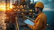 © Benjawan - Basic sketch of an engineer with a clipboard on a rig, [Safety Inspection], [Offshore Engineering], No logo, No Trademark, No text, minimal concept with copy space for stock photo