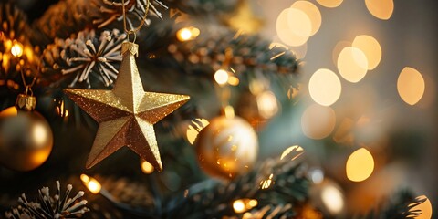 Closeup Christmas tree star ornament gold baubles, bokeh, festive holiday decoration banner