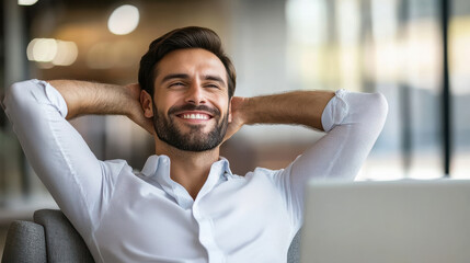 Wall Mural - A young man with a beard smiling broadly while sitting at a desk with a laptop. He has his hands behind his head, looking relaxed and happy in a modern office environment with large windows.