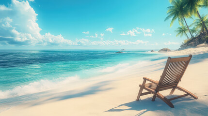 Wall Mural - A wooden beach chair is sitting on the sand near the ocean