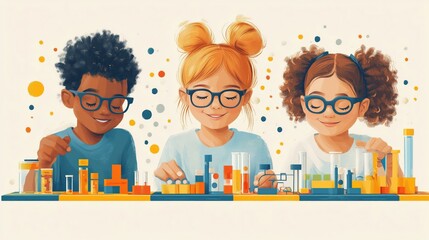 Wall Mural - Science-themed board games, children playing, flat design illustration, No logo, No Trademark, No text, minimal concept with copy space for stock photo
