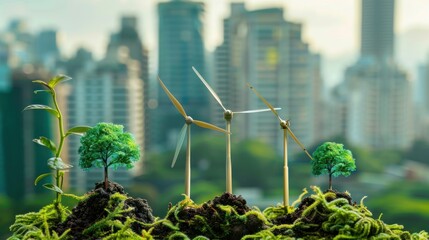 Wind Turbines and Trees in Cityscape