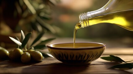 Wall Mural - Olive oil pouring into a bowl with olives and leaves in the background