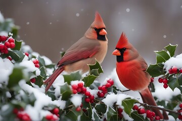 Wall Mural - northern holly bird mates perched cardinal red branches avian ornithology birding cheerful vibrant crimson scarlet vermilion nature wildlife tree branch animal wild beak spring garden feather