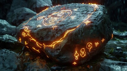 A large rock with glowing symbols on it