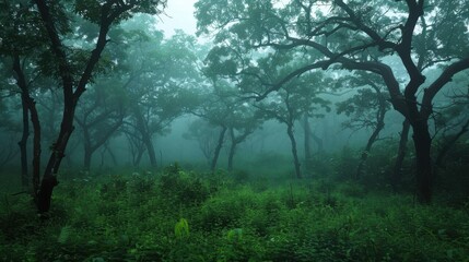 Wall Mural - A forest with trees and a misty atmosphere