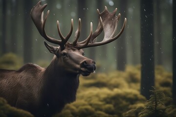 Wall Mural - dark north alces portrait forest elk wildlife moose america animal habitat scene rainy detail eurasia sweden eurasian beautiful day nature young wood wilderness wild us scandinavia rain park norge