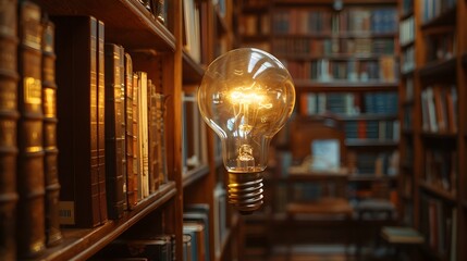 Canvas Print - Glowing Light Bulb Among Bookshelves Representing Knowledge and Ideas