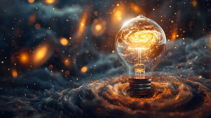 Wall Mural - luminous light bulb surrounded by swirling galaxies representing boundless potential of ideas