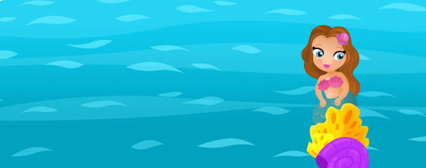 Fototapete - Cartoon ocean and the mermaid in underwater kingdom swimming diving illustration for kids