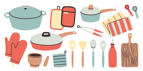 Cute kitchenware set. Vector kitchen utensils tools and equipment, cartoon cooking appliance. Cookware isolated set.