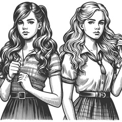 two teenage women wearing school suit, wavy hair and stylish outfits, sketch engraving generative ai fictional character raster illustration. Scratch board imitation. Black and white image.